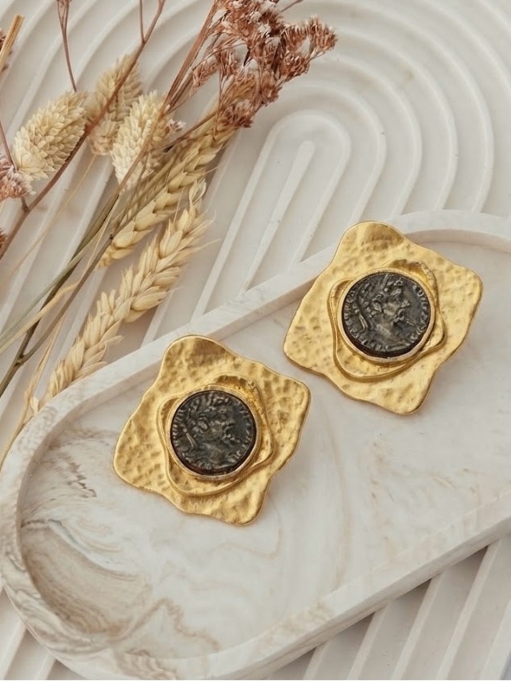 Vintage Gold Tone Roman Coin Statement Earrings